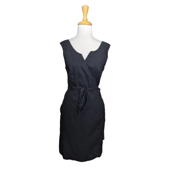 Aday Wind Down Wrap Dress Medium Black Linen Blend Pockets Belted - Picture 12 of 16